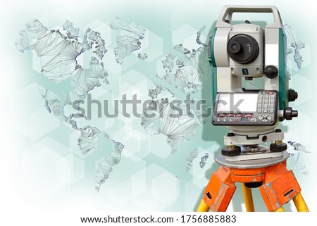Cartography. World map and theodolite. Geodetic equipment. Work on mapping. Work of the cartographer. Study of the area.