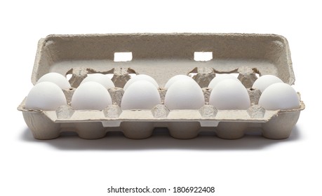 Carton of Large Eggs Opened Front View Isolated on White.