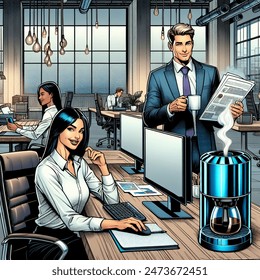 Cartoon artistic image of  an office with 3 latin people, computers, blue coffee maker 