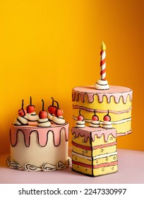 Cartoon cakes on yellow background, with candle and cherries.
