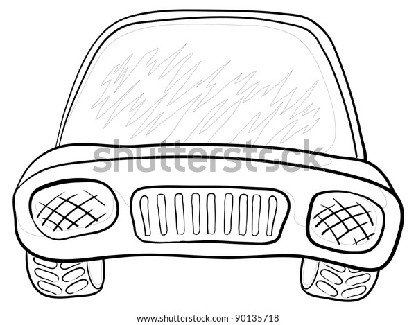 Cartoon:\
car, monochrome contours on white\
background