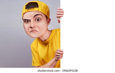 Cartoon Caricature Portrait Of A Man With Big Head In Yellow T Shirt Holding A Blank Poster Banner 