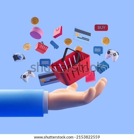 Cartoon hand hold shopping basket. Photo camera, gamepad, money and text messages on blue background. Concept of gift and entertainment. 3D rendering