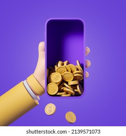 Cartoon hand with phone and coins falling, purple background. Cashback and earning. Concept of financial mobile app and banking. 3D rendering - Shutterstock ID 2139571073