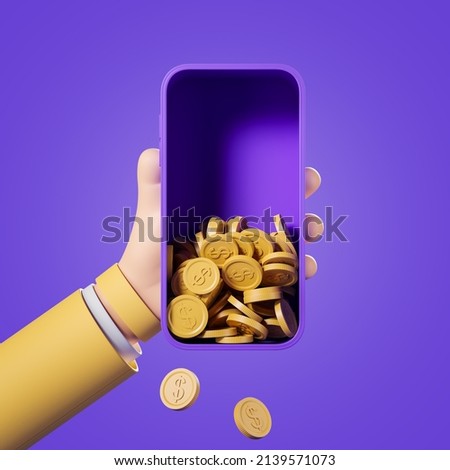 Cartoon hand with phone and coins falling, purple background. Cashback and earning. Concept of financial mobile app and banking. 3D rendering