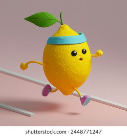 Cartoon lemon with sweatband around its forehead running a marathon in the street