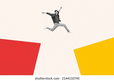 Cartoon like stylized picture image youngster guy jumping imaginary cliff succeed luck concept on top of world isolated pop artwork background