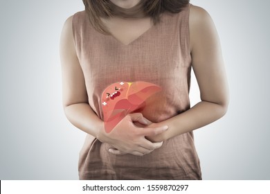 The cartoon of liver is on the woman body against a gray background, Liver disease or Hepatitis, Concept with body problem and Female anatomy