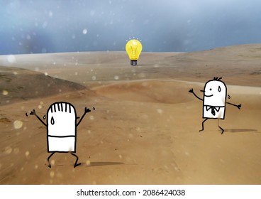 Cartoon Men Lost In A Wild Sand Desert Happy To See A Yellow Light Bulb - Collage