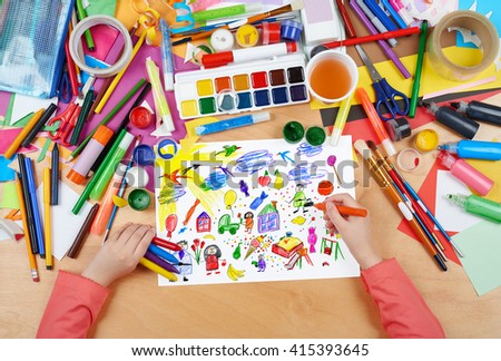 cartoon people and funny toy collection,  child drawing, top view hands with pencil painting picture on paper, artwork workplace