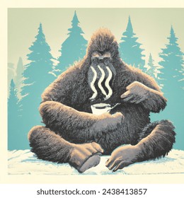 cartoon of sasquatch drinking coffee 