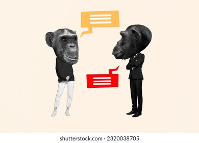 Cartoon sketch collage picture of funny chimp monkey head workers communicating isolated beige color background - Shutterstock ID 2320038705
