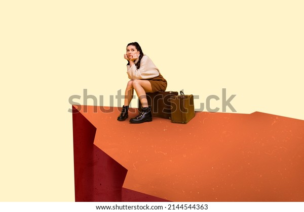 Cartoon style illustration of sad girl got to\
abandoned railway tracks in desert and missed her train bus\
transport wait alone afraid night\
coming