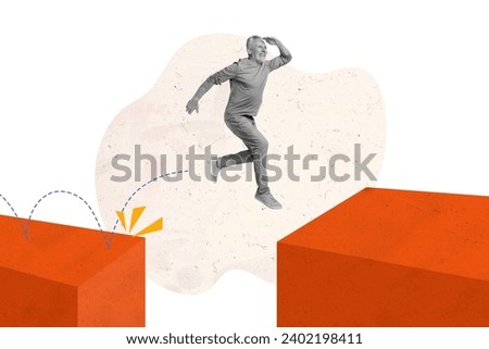 Cartoon stylized collage template of elderly man jumping trajectory climb imaginary cliff success isolated on white color background