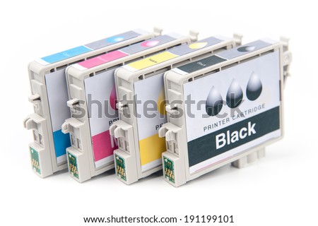 Cartridges for colour inkjet printer isolated on white