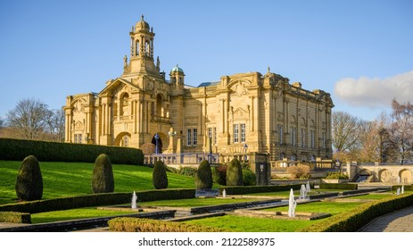 Cartwright Hall in Lister park, Bradford, Yorkshire viewed from the Mughal water gardens. - Shutterstock ID 2122589375