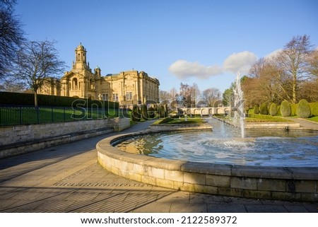 Cartwright Hall in Lister park, Bradford, Yorkshire viewed from the Mughal water gardens.