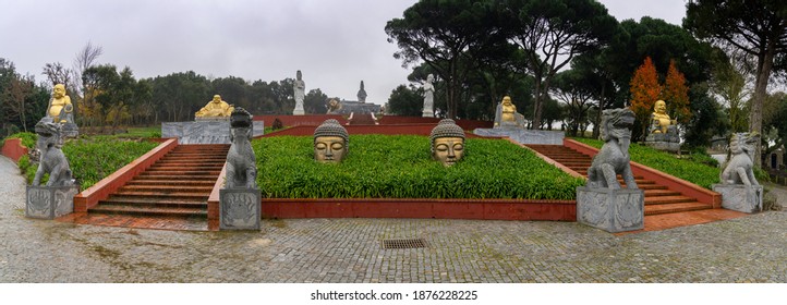 Carvalhal Bombarral, Portugal - 13 December 2020: buddha statues in the famous Bacalhoa Buddha Eden Garden in central Portugal