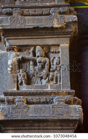 Carved dancing idols on the Gopuram of Nataraja Temple. Hindu temple dedicated to Nataraja Shiva as the lord of dance. Temple wall carvings display all the 108 karanas from the Natya Shastra.