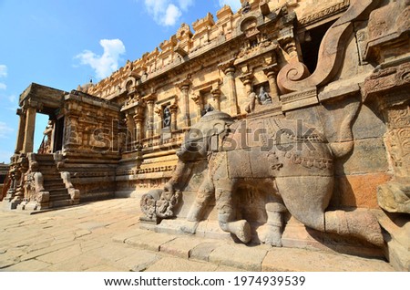 Carved elephant on the balustrade at entrance to Airavatesvara Temple, Darasuram, Tamil Nadu, India. One of the Great Living Chola Temples, a UNESCO World Heritage Centre