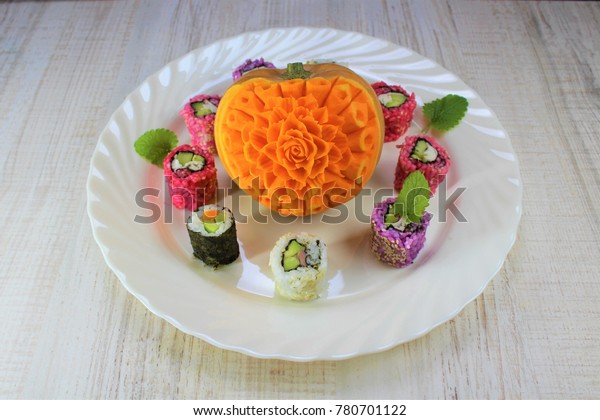 Carved Flower Pumpkin Plate Decoration Purple Stock Photo Edit