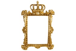 Carved Gilden Frame With A King Crown, Isolated On White Background, Empty Copy Space For Text