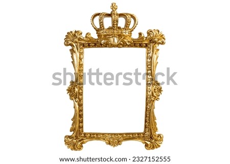 Carved gilden frame with a king crown, isolated on white background, empty copy space for text