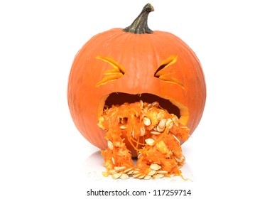 carved halloween pumpkin white background