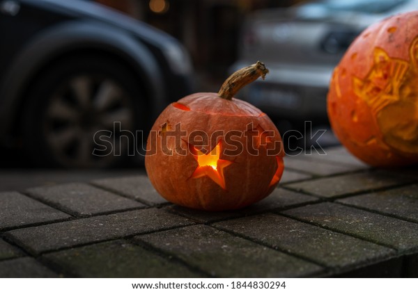 Carved Halloween Pumpkins. Social\
interaction in Uzupis district in Vilnius\
city.