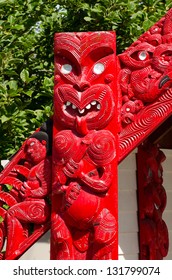 Carved Maori Marae - Meeting House In Taumarunui, New Zealand.