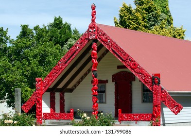 Carved Maori Marae - Meeting House In Taumarunui, New Zealand.