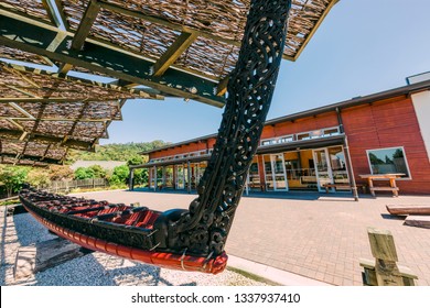 Carved Maori War Canoe In Rotorua, New Zealand.