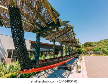 Carved Maori War Canoe In Rotorua, New Zealand.