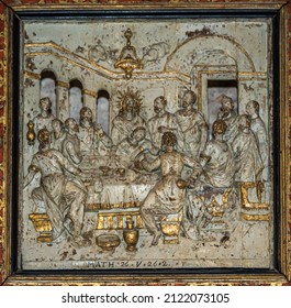 Carved Painting Depicting Jesus And The Disciples Around The Communion Table, Stora Köpinge, Sweden, July 16, 2021