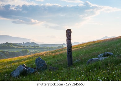 Carved Pole Portraying Slavic Pagan Gods At Turcianska Stiavnicka.