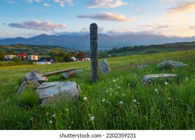 Carved Pole Portraying Slavic Pagan Gods At Turcianska Stiavnicka.