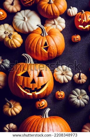 Carved pumpkins with faces lying on the surface. Orange and white pumpkins for Halloween