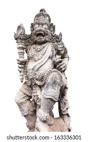 A carved statue with fine details that stands outside the entrance to a Hindu temple as a guardian. (Isolated to white.)