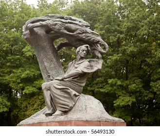 Carved Statue Of Frederick Chopin In Royal Park In Warsaw Poland