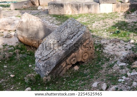 Carved stone block lies on the ground, architectural detail of an ancient temple, archaeological site of the ruins of the ancient Roman city of Thignica, Tunisia.