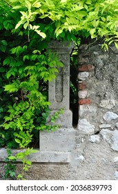 Carved Stone Fence Post On Wall Covered By Leafy Bush 