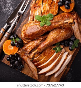 Carved Turkey On A Cutting Board For Thanksgiving Or Christmas Overhead Shot