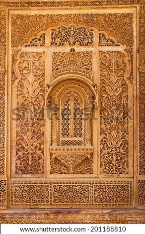Carved window in Mandir Palace, Jaisalmer, Rajasthan, India 