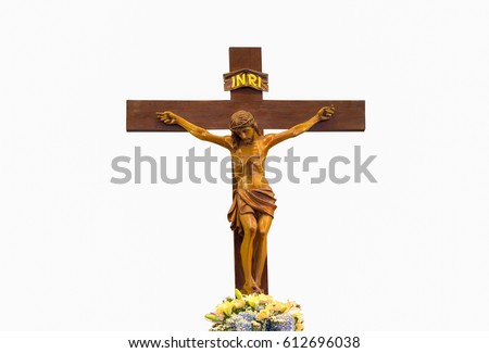 Carved wooden cross, Inscription on the cross of the Crucifixion of Jesus Christ, INRI, meaning Jesus of Nazareth, the King of the Jews on white background