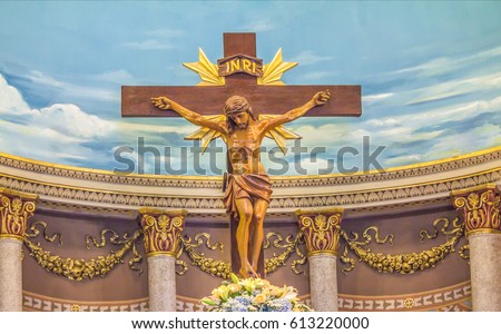 Carved wooden cross, Inscription on the cross of the Crucifixion of Jesus Christ, INRI, meaning Jesus of Nazareth, the King of the Jews