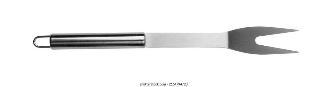 Carving fork isolated. BBQ metal equipment, steel barbecue fork, grilling tools on white background