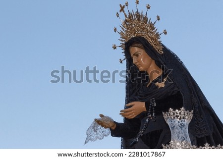 Carving of the Virgin of La Soledad in Procession of Holy Week. Leon. Spain. Sculpture by Victor de los Ríos of 1958 