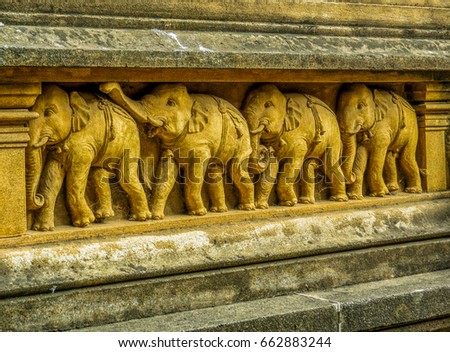 Carvings with elephants in Kelaniya Temple. In Colombo, Sri Lanka