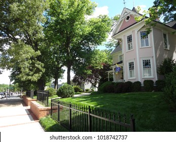 CARY, NC / USA - May 2017: A Pink House In A Downtown Neighborhood In Cary, North Carolina