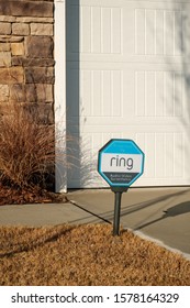 Cary, North Carolina, USA - December 1, 2019: Ring Home Security Sign Outside The House